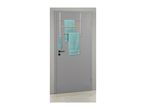 Over-the-door towel rack with three light blue towels on a grey door.