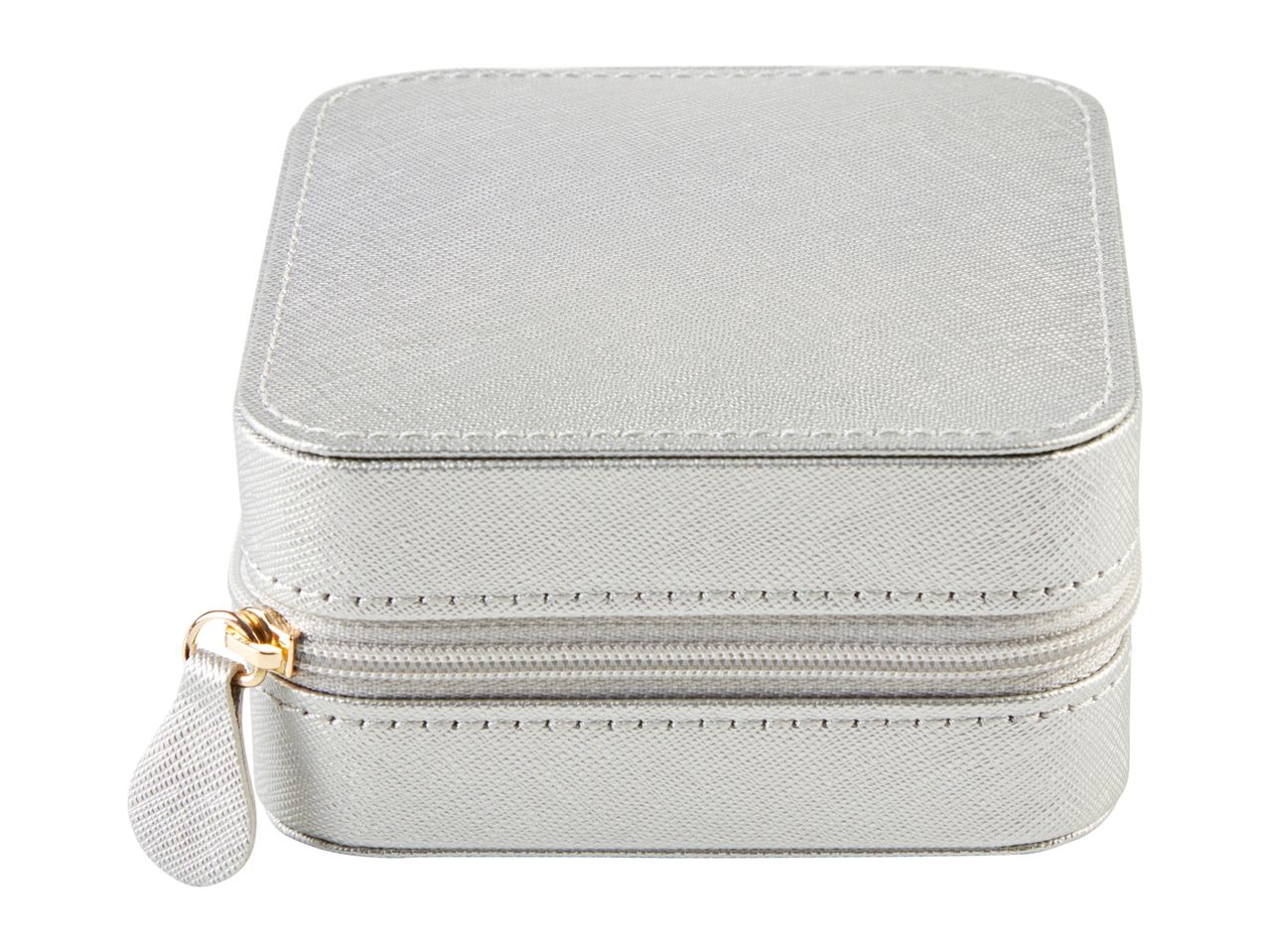 A small, gray, zippered jewelry box.