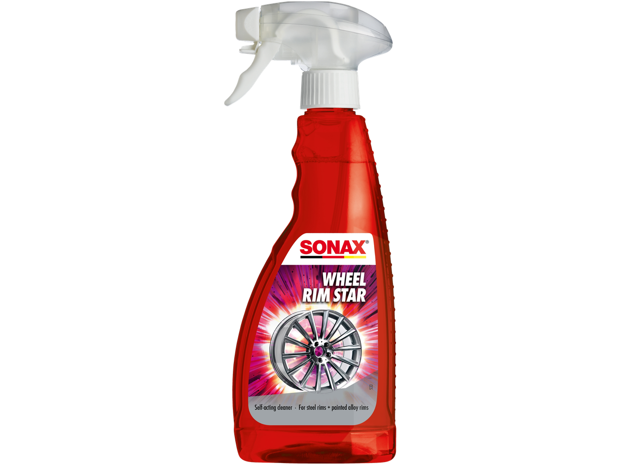 Red spray bottle of self-acting wheel and rim cleaner for steel and painted alloy rims.