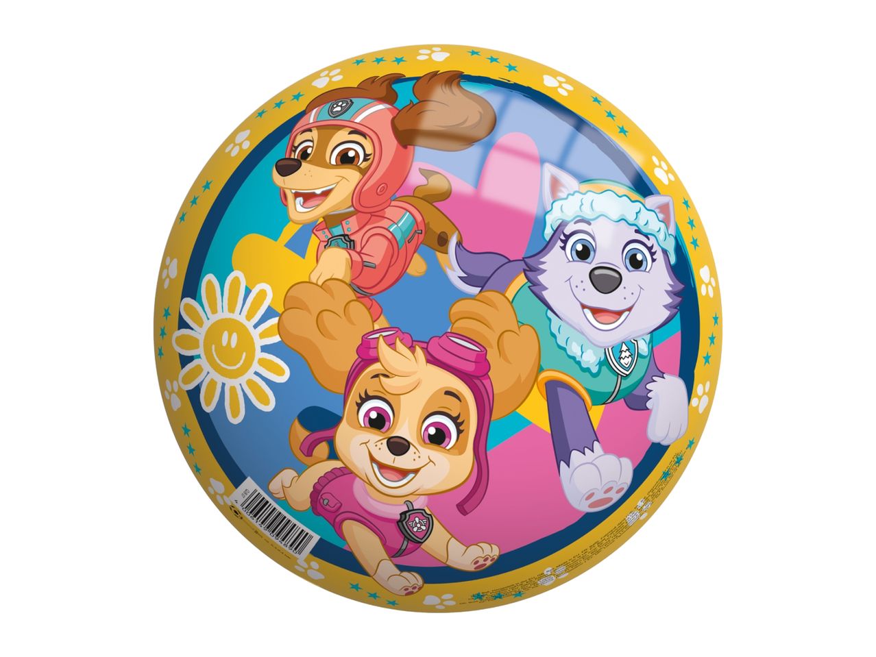 Paw Patrol beach ball with Skye, Everest, and another pup, featuring a sun and stars.