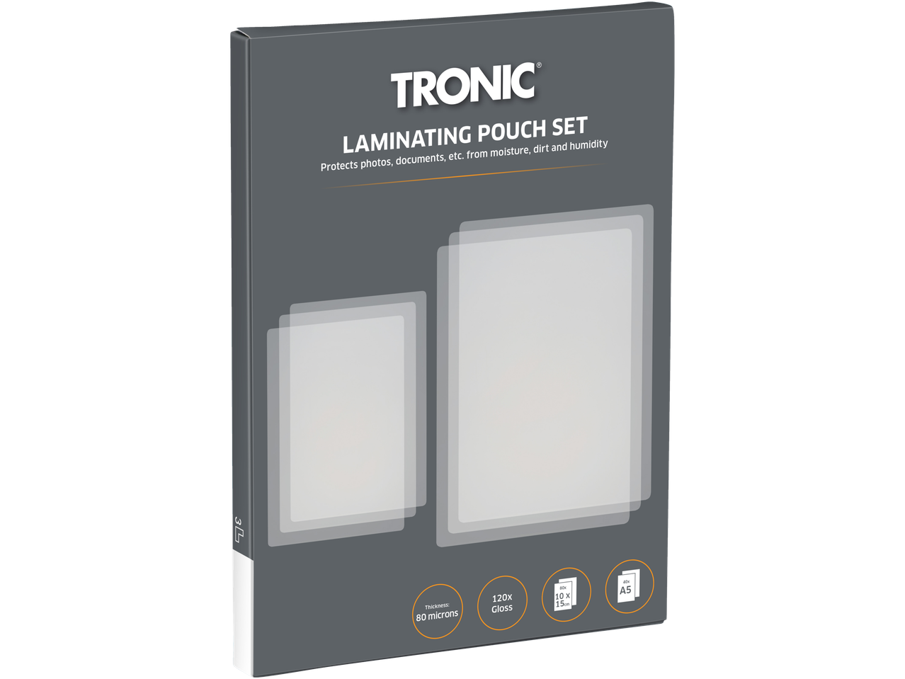 Plicuri de laminare Tronic: mărimi A5 și mai mici, grosime 80 microni.