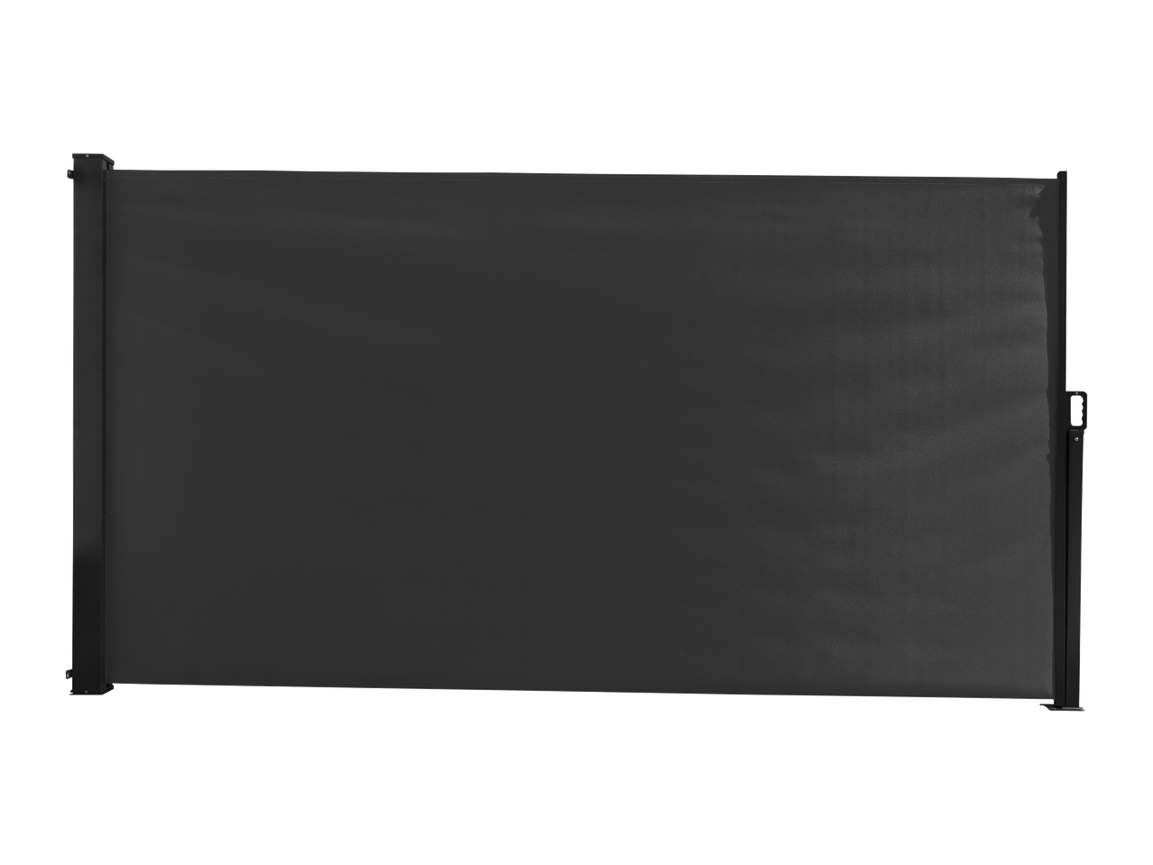 Črna stranska tenda za zasebnost, raztegnjena in pripravljena za uporabo.