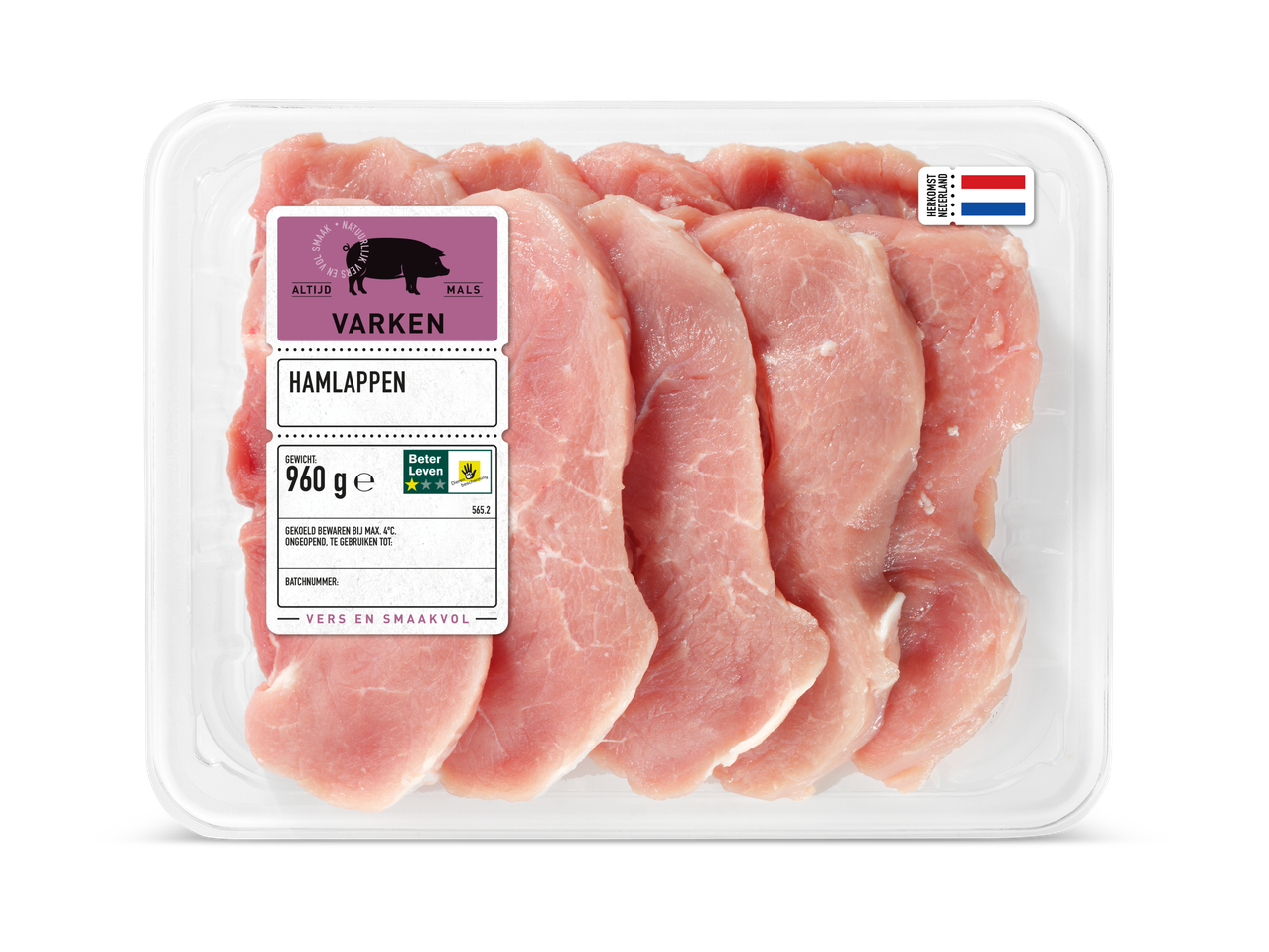 Verpakte varkensvleesplakken met etiket dat gewicht en herkomst aangeeft.