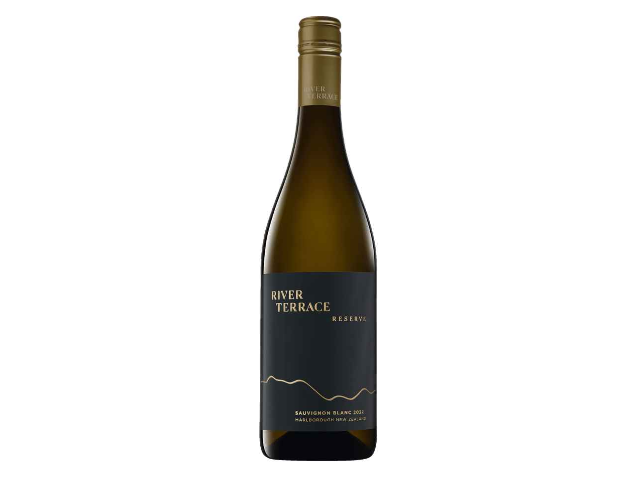 RIVER TERRACE RESERVE Sauvignon Blanc 2022 wijnfles met zwart etiket en gouden tekst.