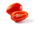 Two fresh, red plum tomatoes, one whole and one sliced in half, with water droplets.