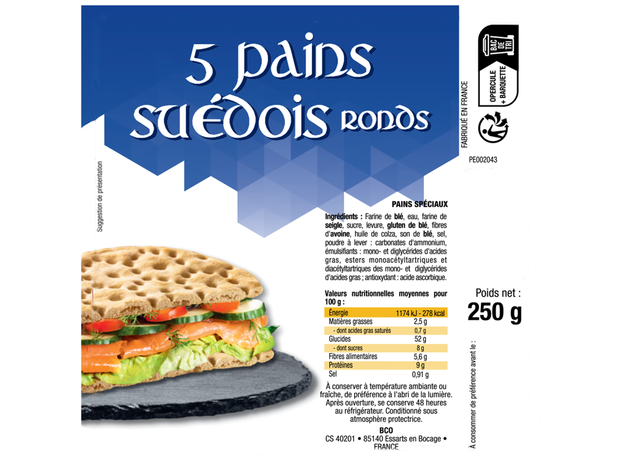 Paquet de 5 pains suédois ronds avec des informations nutritionnelles et une suggestion de présentation.