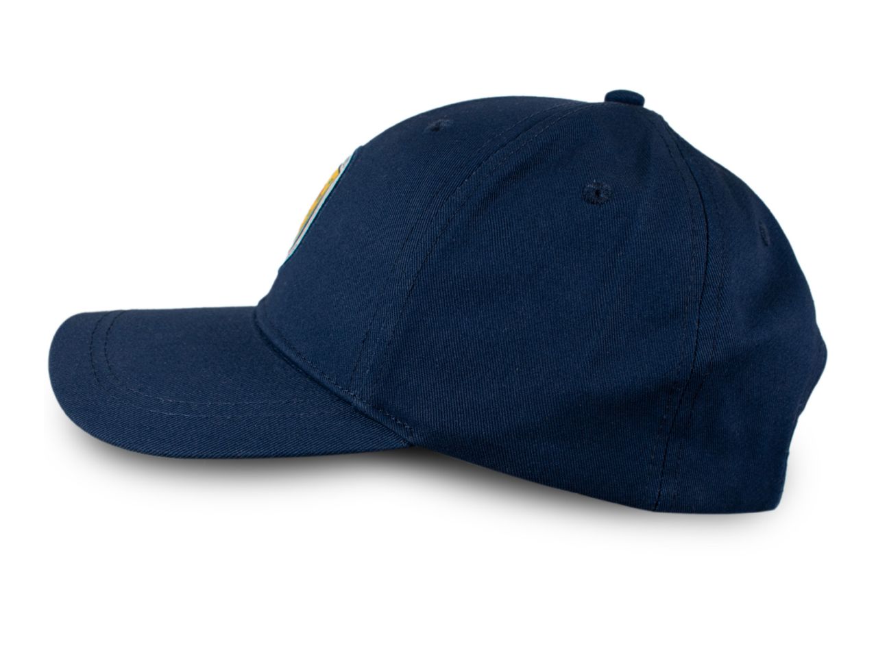 Navy blue baseball cap with a yellow and white logo on the side.