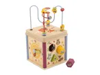 Wooden activity cube with a bead maze, clock, and shape sorter, featuring forest animals.