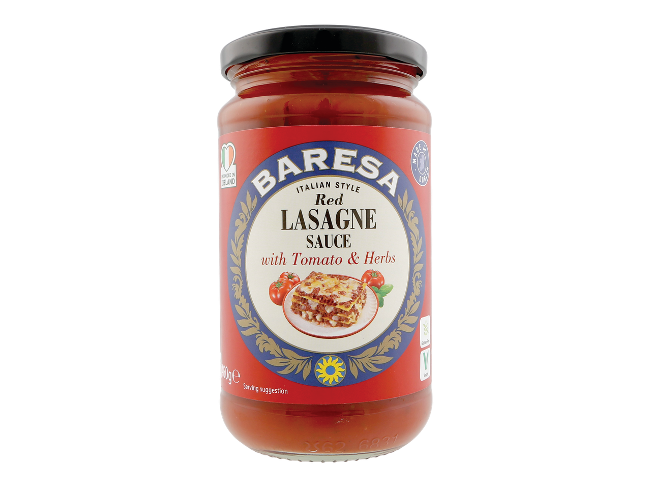 Baresa Red Lasagne Sauce with Tomato & Herbs in a glass jar.