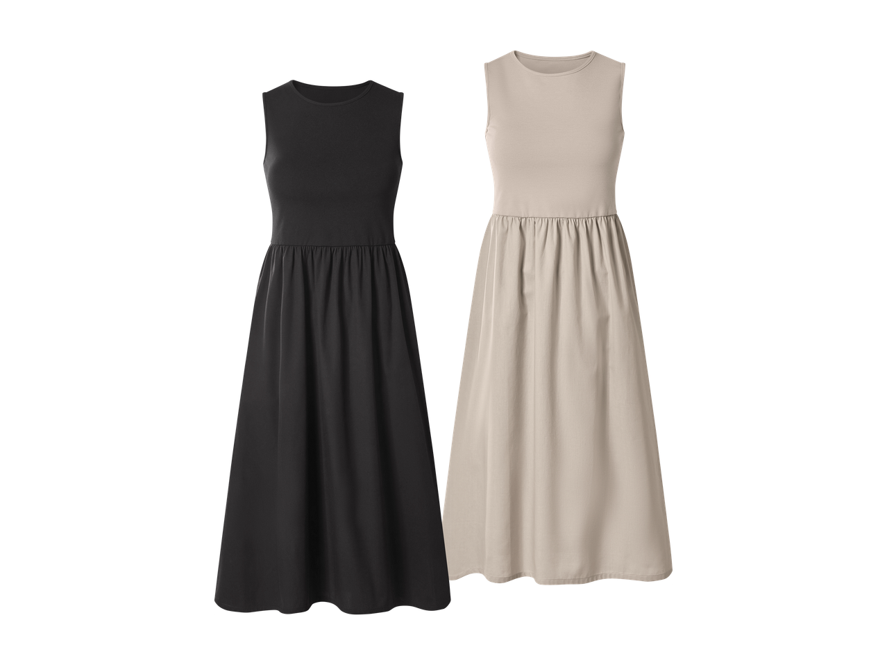 Dvije ženske haljine bez rukava, jedna crna i jedna bež, s elastičnim strukom.