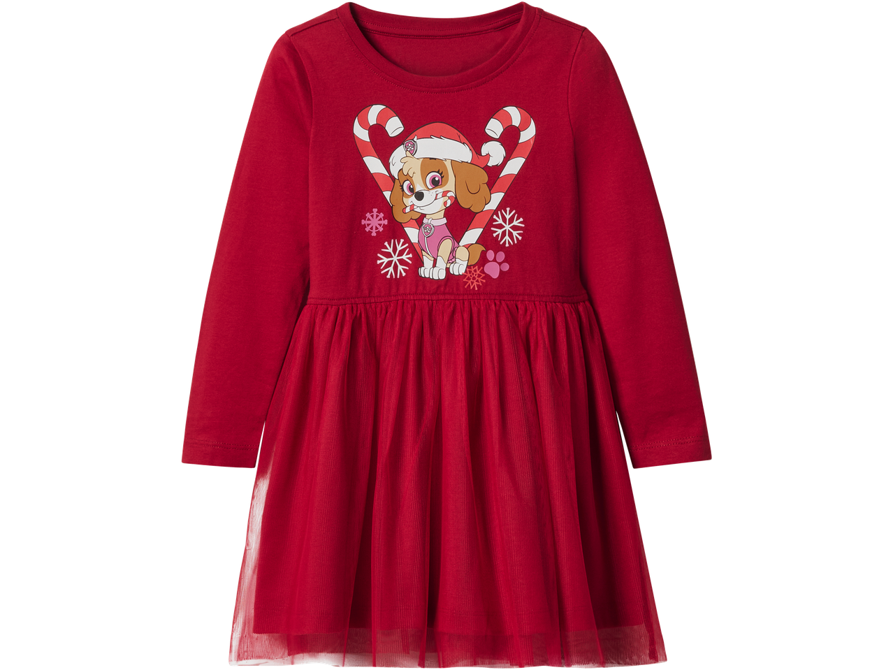 Raudona ilgomis rankovėmis su Paw Patrol Skye Kalėdų grafika ir tiulio sijonu