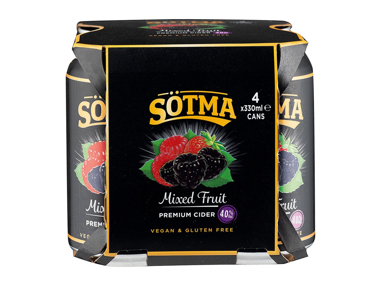 Four Sötma Mixed Fruit Cider cans (40% abv).