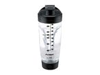 Clear electric shaker bottle with water, showing measurements in ml and fl.oz, and a power button.