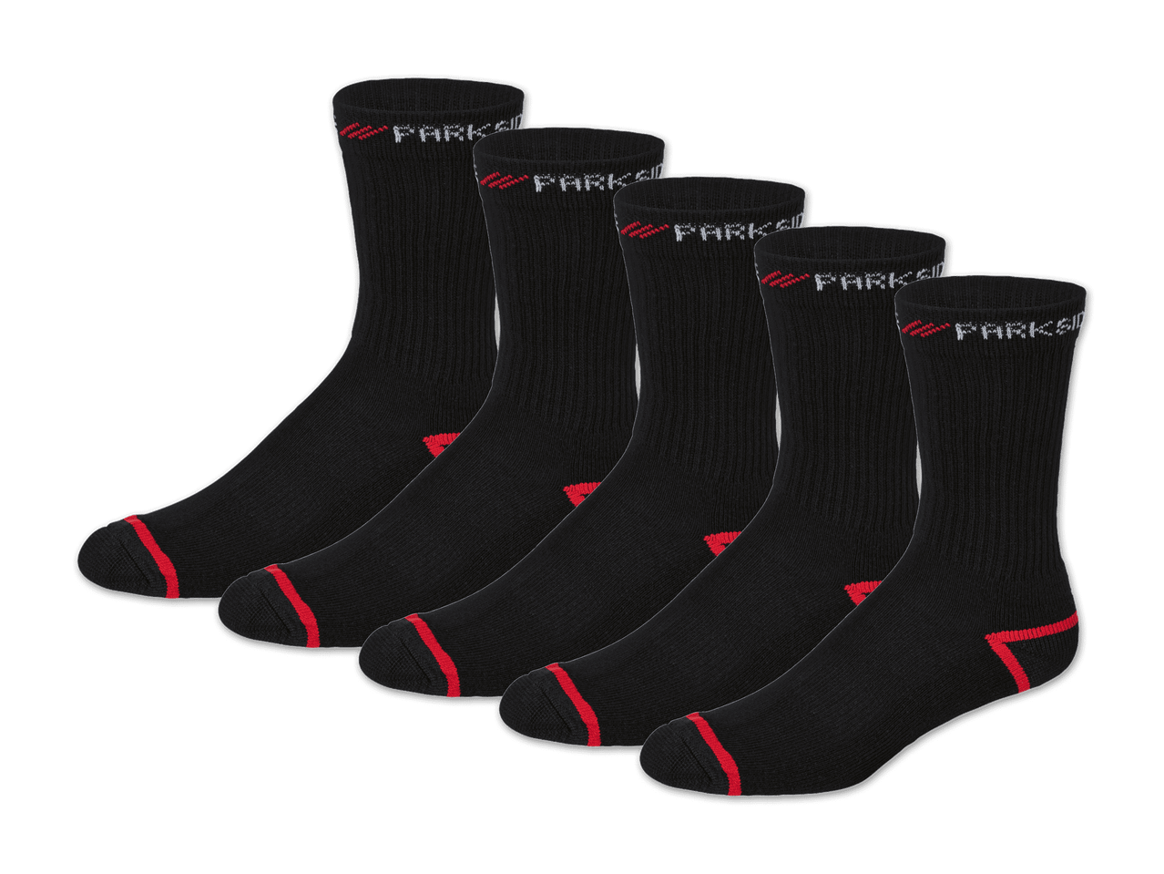 Sechs Paar schwarze Socken mit roten Details.