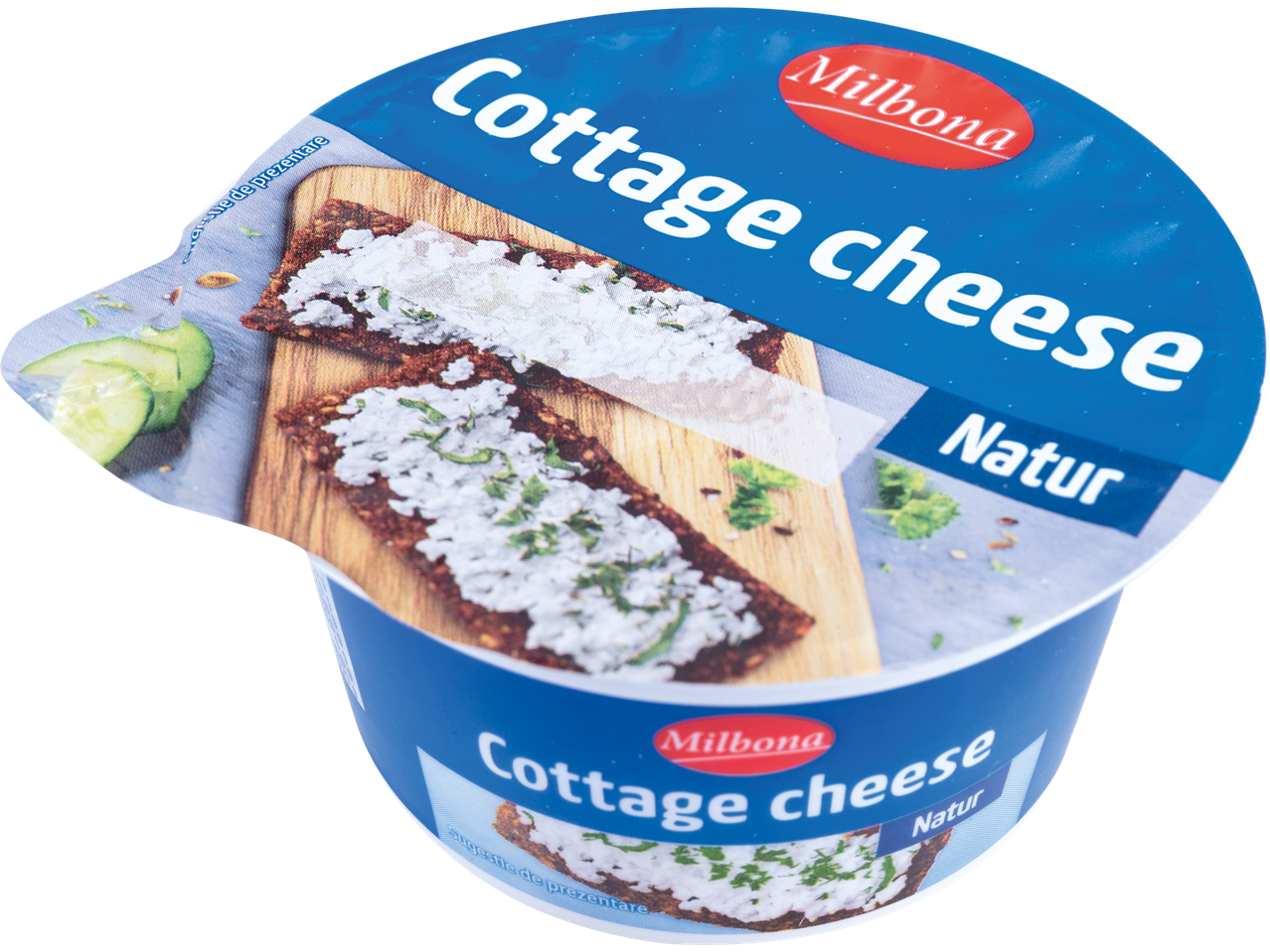 Milbona Brânzică proaspătă cottage Natur, cu imagine de brânză cottage pe pâine crocantă