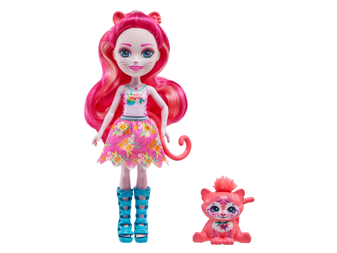 Enchantimals lelle ar rozā matiem, ziedu svārkiem un zilām kurpēm, kopā ar rozā tīģera figūriņu.