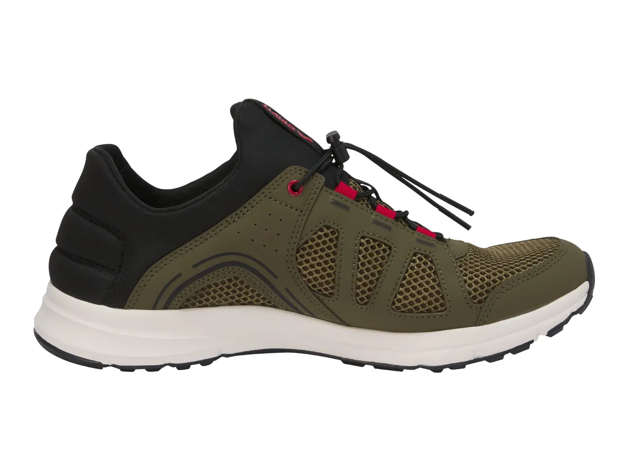 Khaki green and black athletic shoe with red accents and quick-lace system.