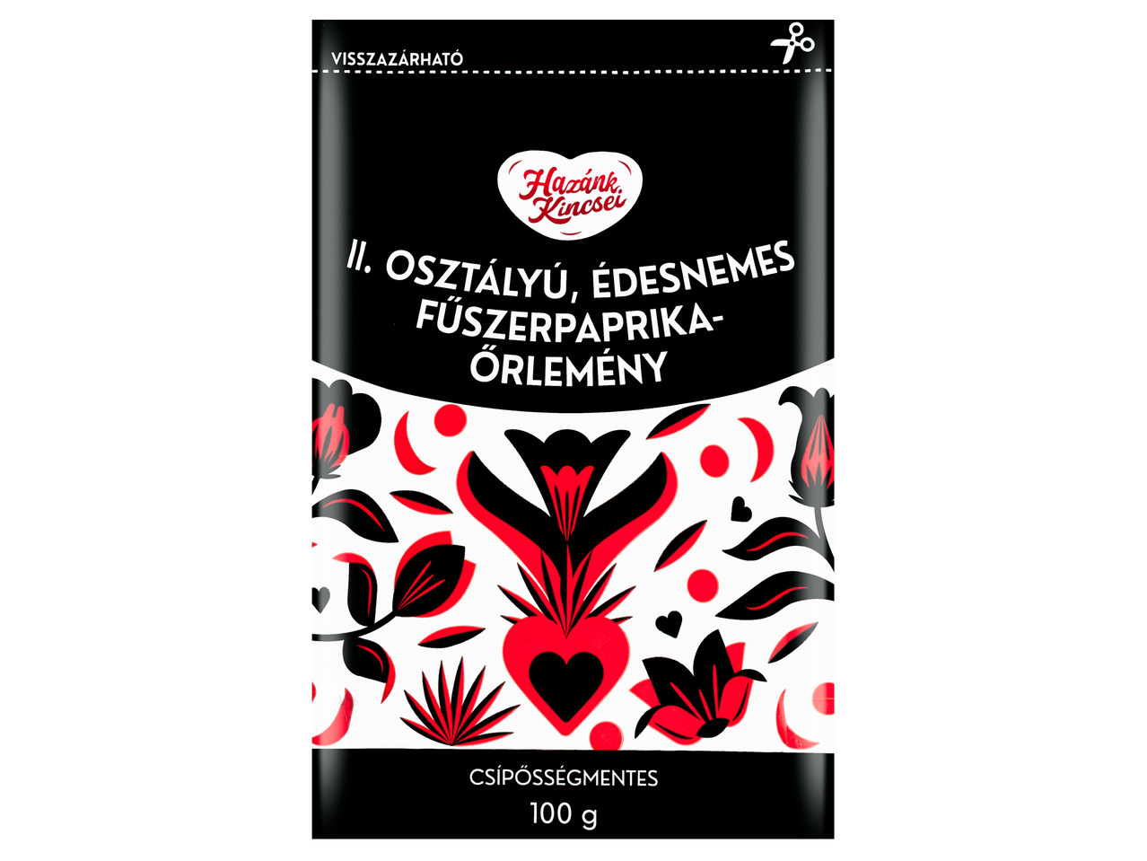 Hazánk Kincsei édesnemes fűszerpaprika őrlemény, 100g, visszazárható csomagolás népművészeti mintával.