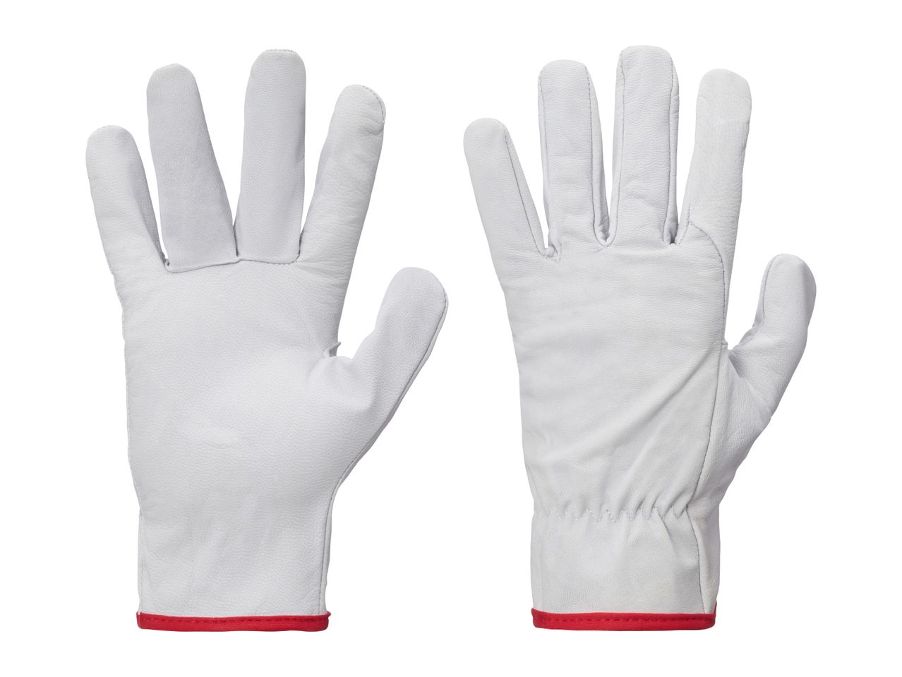 Two white leather work gloves with red cuffs, one showing the palm and the other the back.