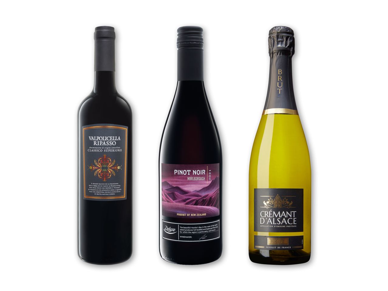 Tre vinflasker: Valpolicella Ripasso, Pinot Noir og Crémant d'Alsace.