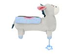 Grey plush donkey toy with a blue striped saddle and a star-shaped teether