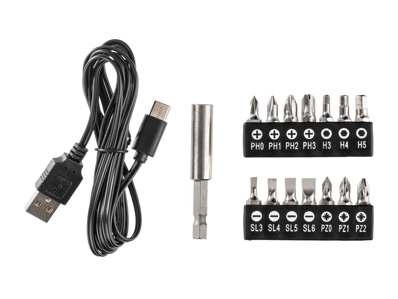 Комплект отвертки с USB кабел за зареждане включени към акумулаторен винтоверт Parkside®.