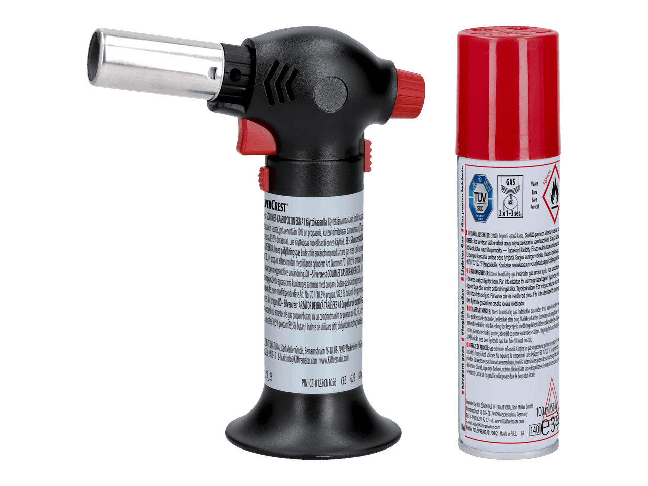 Silvercrest-kaasupoltin ja täyttökaasupullo mustalla pohjalla.