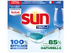 Boîte de 46 pastilles lave-vaisselle Sun, tout-en-1, 100% efficace, 85% d'ingrédients d'origine naturelle, recommandé par Tefal.