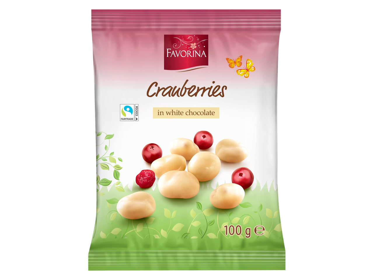 Favorina pakuotė su spanguolėmis baltajame šokolade, 100 g.
