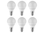 Six LED light bulbs with E14 screw bases are arranged in a grid pattern on a white background.