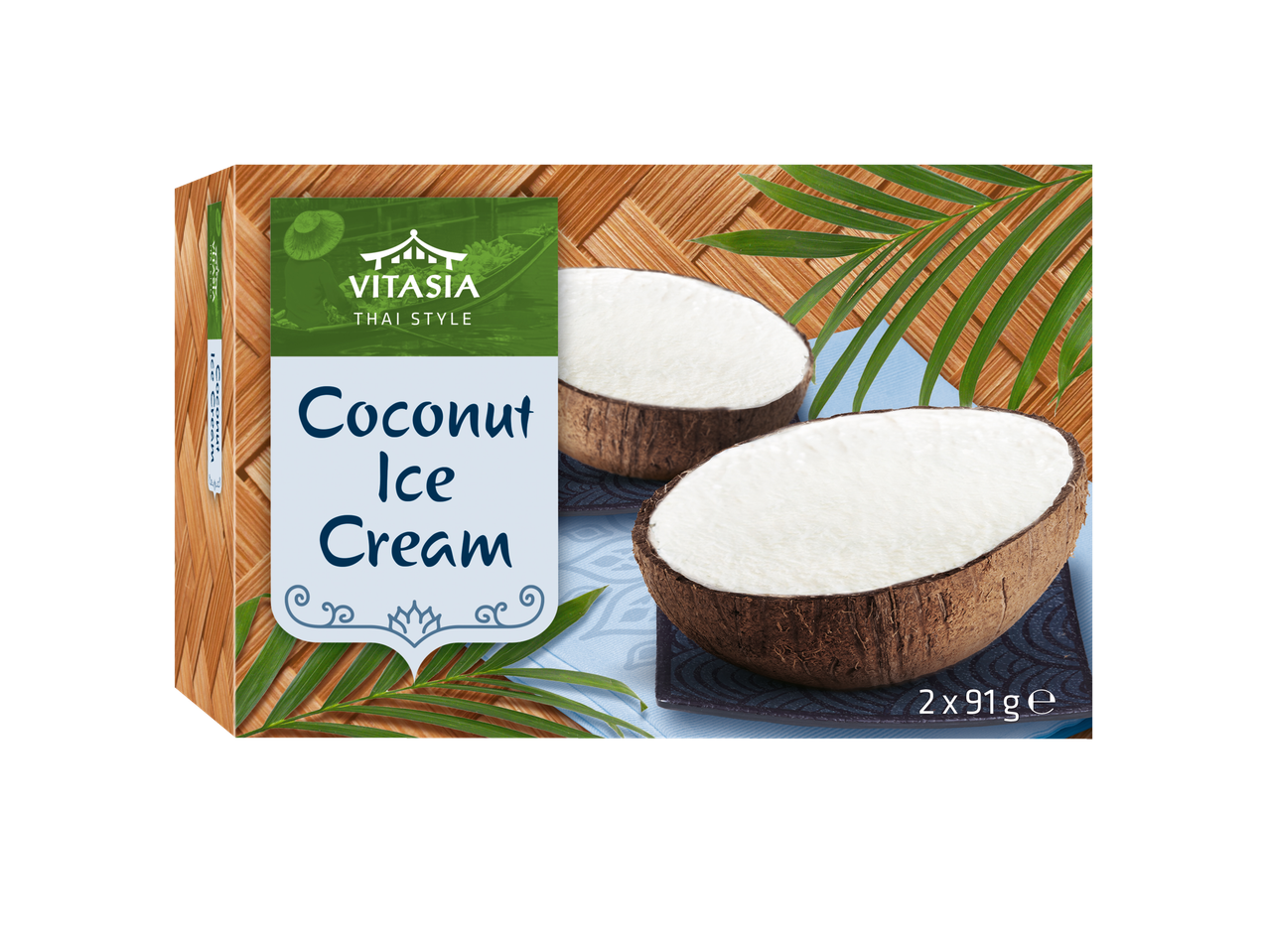 Sorvete de coco Vitasia estilo tailandês, duas embalagens de 91g em conchas de coco.