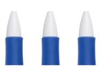 Three blue and white pens stand side by side.