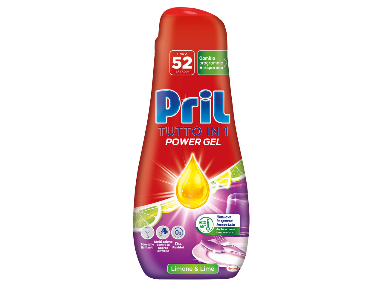 Flacone di detersivo per piatti Pril Tutto in 1 Power Gel.