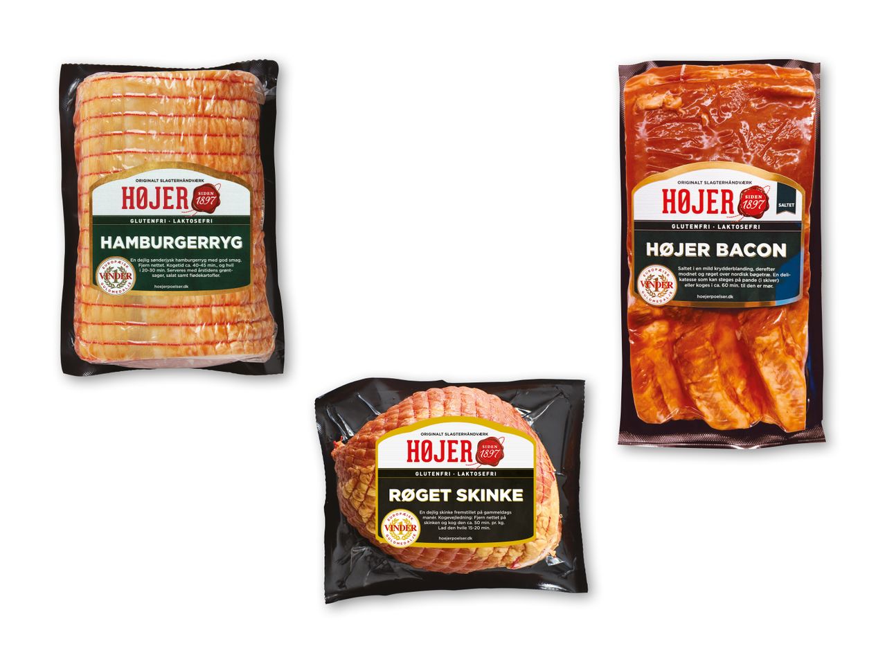Tre pakker Højers kødprodukter: hamburgerryg, bacon og røget skinke.