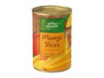 Can of mango slices in light syrup, with a Thai style design.