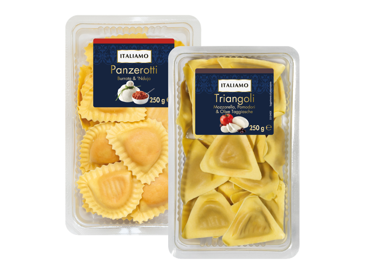 Due confezioni di ravioli surgelati, uno al formaggio e uno agli spinaci, del marchio Pastificio.