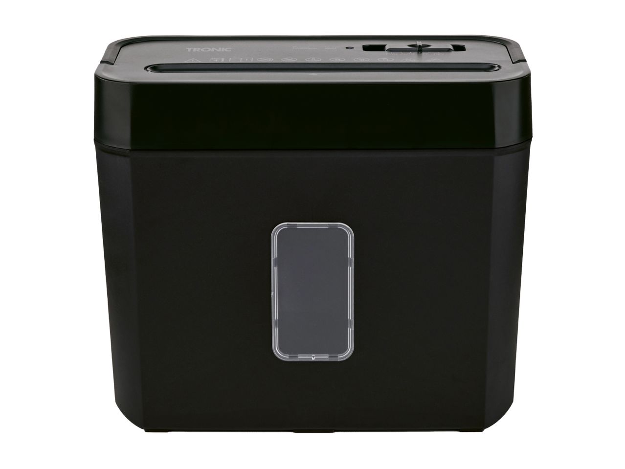 Black paper shredder with a clear window on the front, showing controls on top.