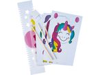 Unicorn lantern craft kit with paper cutouts, wooden sticks, and metal wire.
