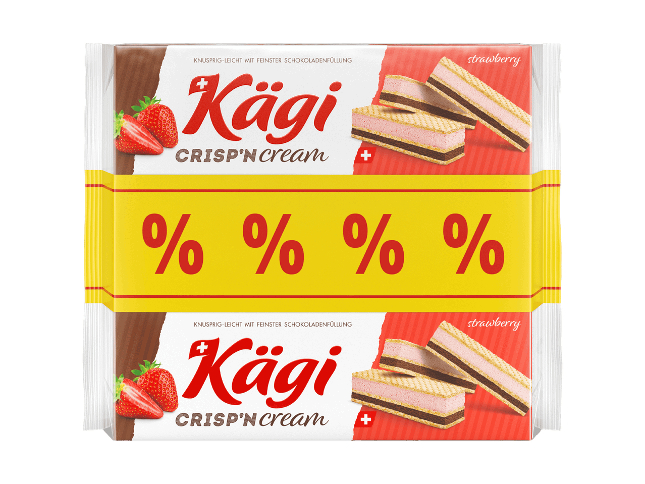 Zwei Packungen Kägi Crisp'n Cream Waffeln mit Erdbeergeschmack und Schokoladenfüllung.