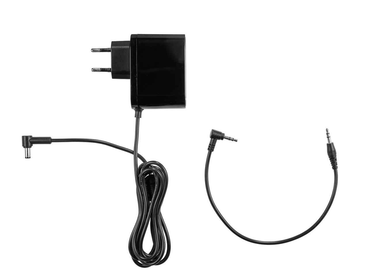 Black power adapter with a DC barrel connector and a separate audio jack cable