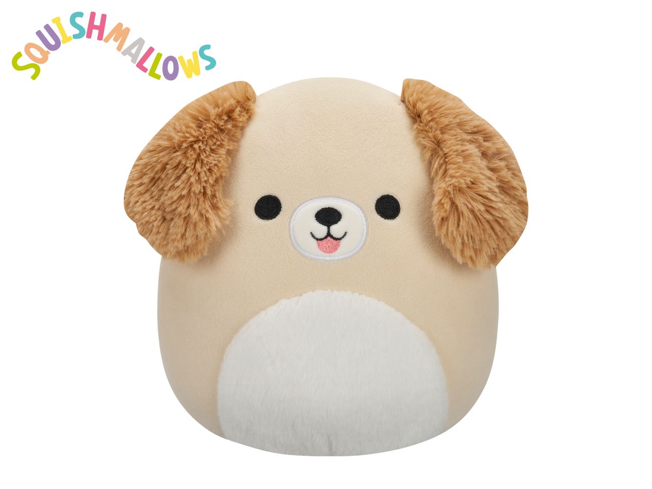 A beige dog plush toy with fluffy brown ears and a white belly, with the word 'SQUISHMALLOWS' above it.
