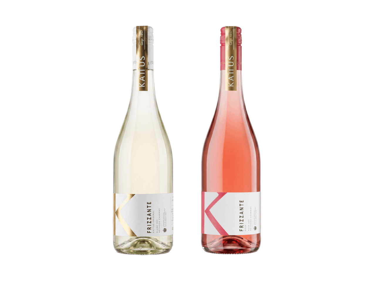 Zwei Flaschen Frizzante, eine weiß und eine rosé, mit goldenen und rosafarbenen Etiketten.