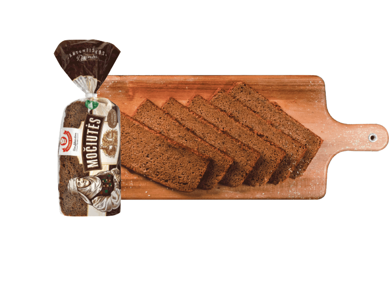 Pjaustyta ruginė duona „Močiutės“ ant medinės lentos, šalia pakuotė.