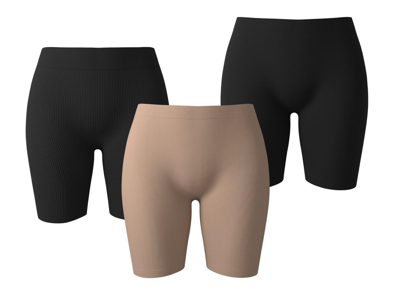 Tri para ženskih kratkih hlača za oblikovanje tijela: jedne rebraste crne, jedne bež i jedne glatke crne.