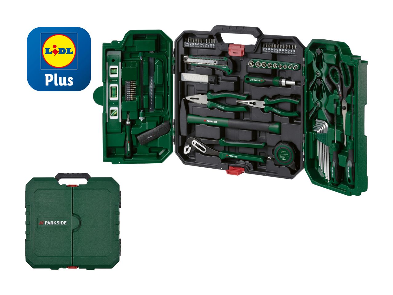 Lidl Plus Werkzeugkoffer mit umfangreichem Reparaturwerkzeug.