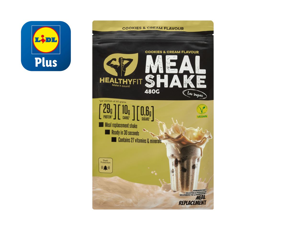 Produit Lidl Plus : Shake protéiné HealthyFit saveur cookies et crème, vegan.