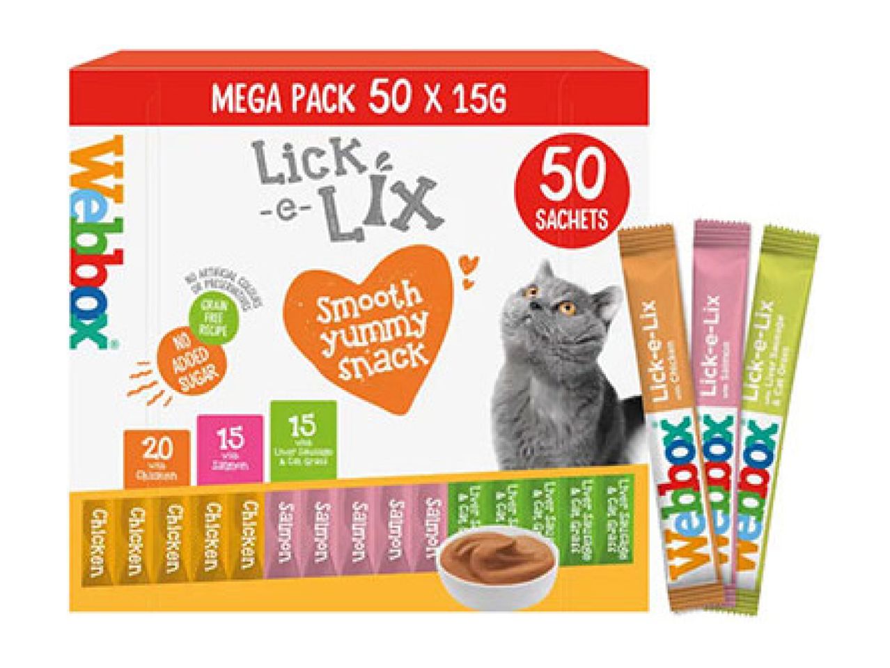 Mega pack of 50 cat treat sachets, including chicken, salmon, and liver sausage flavors.
