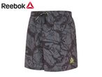 Grey swim shorts with a black abstract pattern and a yellow logo on the bottom right.