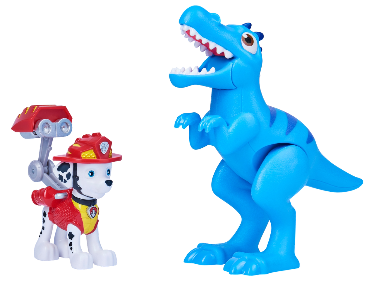 Figurines de chien pompier et de dinosaure bleu avec la gueule ouverte.