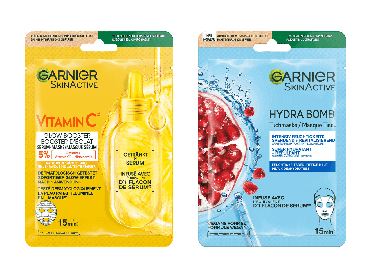 Deux masques en tissu pour le visage : un booster d'éclat à la vitamine C jaune et un Hydra Bomb bleu à la grenade.